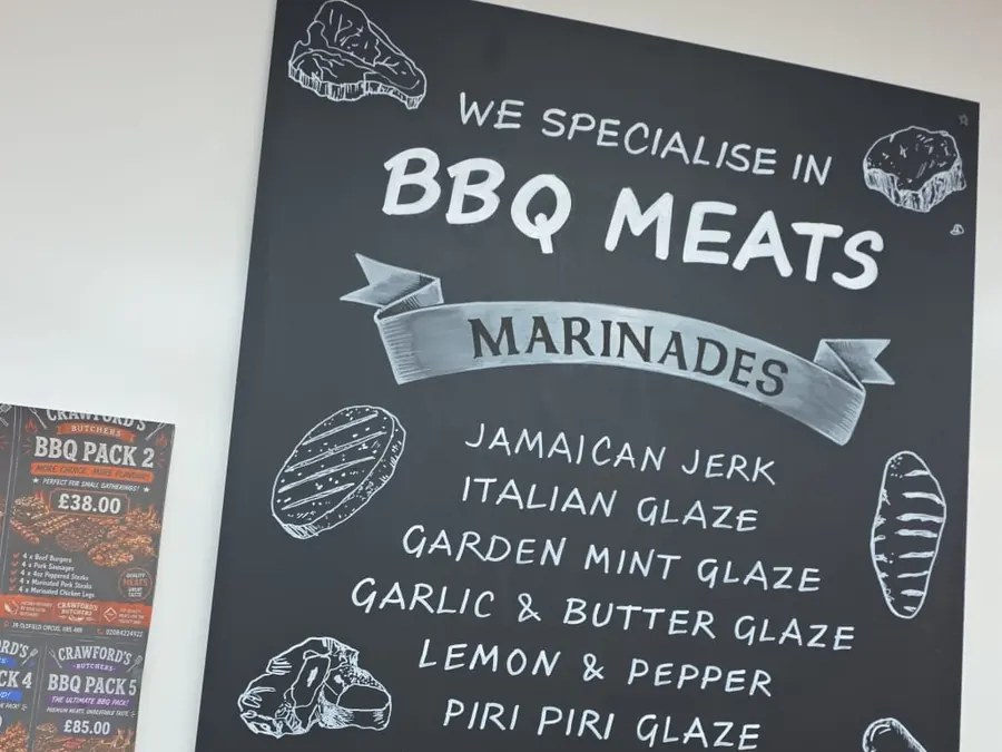 The shop's chalkboard listing the barbecue marinades